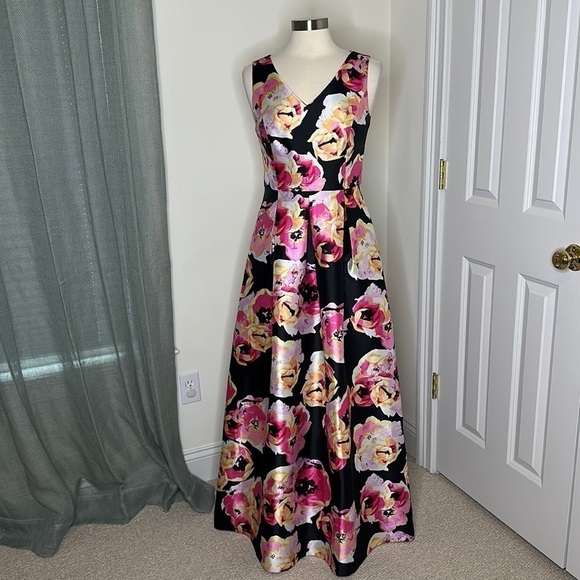 Ellen Tracy Floral Gown Black Pink Sz6 - Picture 1 of 11